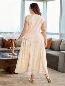 Modelyn Women's Elegant Minimalist Round Neck 3D Lace Long Dress, Plus Size, Summer - Apricot - View 2