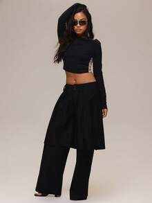 MUSERA Black Double Layer Pleated Wide Leg Trousers Pants Summer Holiday Ibiza Festival Black Lotus - Black - View 1