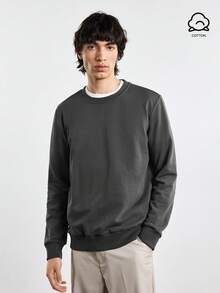 Merionis Men's High Cotton Content Casual Basic Versatile Solid Color Pullover Sweatshirt Back-To-School Evening City Break Dark Grey Autumn - Dark Grey - View 1