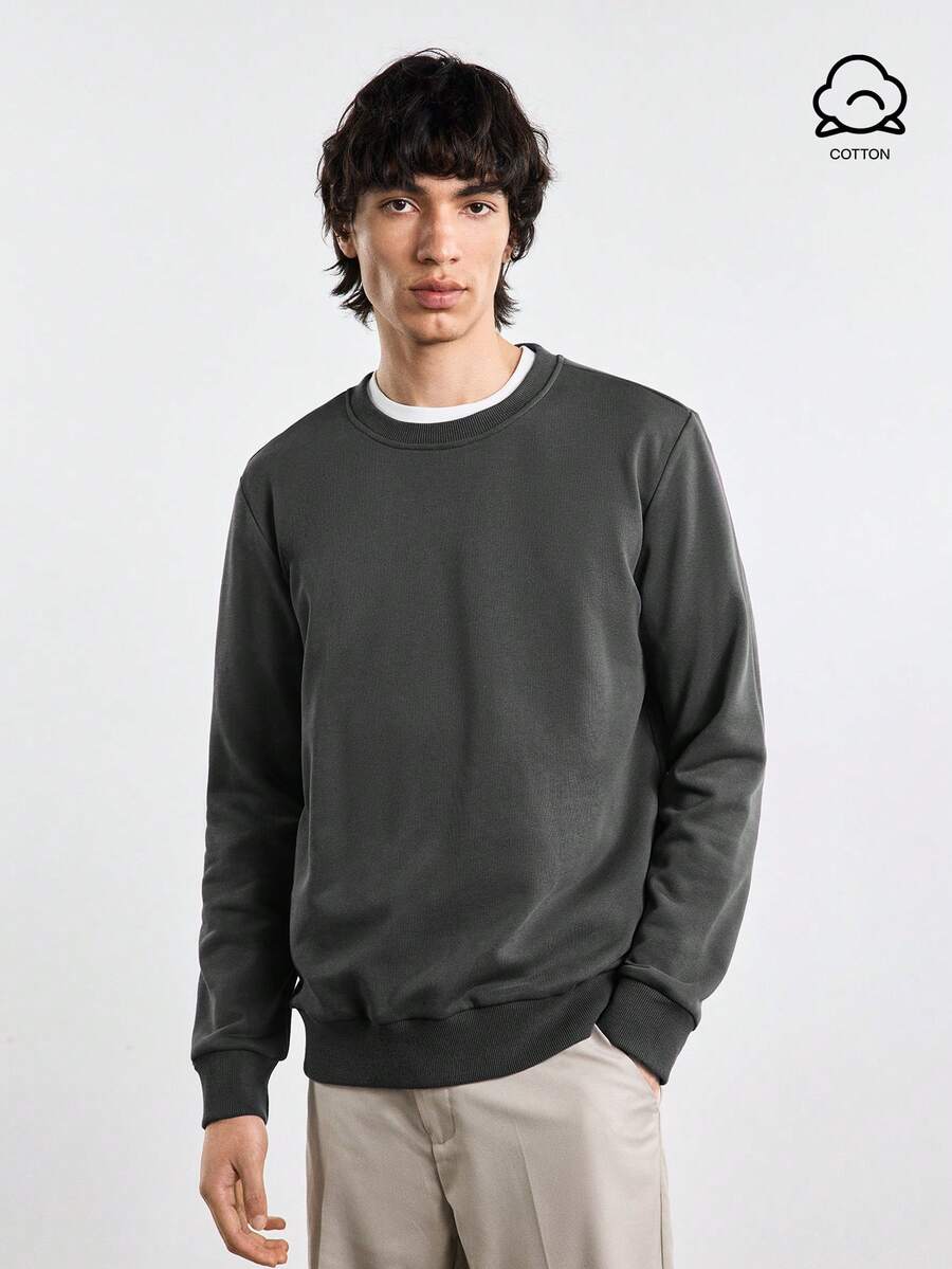 Merionis Men's High Cotton Content Casual Basic Versatile Solid Color Pullover Sweatshirt Back-To-School Evening City Break Dark Grey Autumn - Dark Grey - View 1