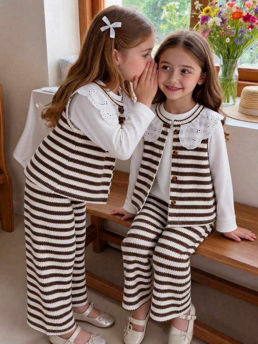 3pcs Genkimix Young Girl Ruffle Collar Fitted Solid Color Base Layer Top + Lace Collar Fashion Casual Front Button Vest + Fashion Casual Solid Color Straight Leg Pants - Brown - View 1