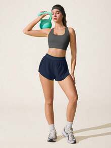 Easithlete Easithlete Casual Versatile Navy Blue Waistband Patchwork Mesh Slimming Storage Pocket Sports Shorts - Navy Blue - View 7