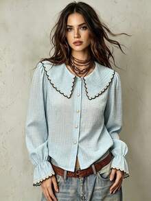 Franclia New Arrival Colorblock Cute Puff Sleeve Women Blouse - Blue - View 1