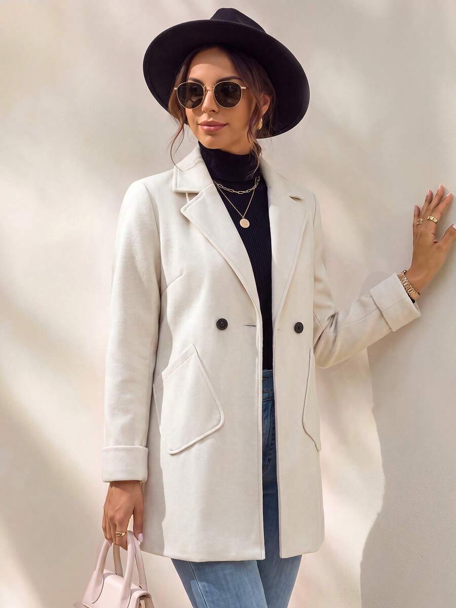 Chiquease Women Overcoats Tombol Ganda Kantong Plain Casual - Aprikot - View 1