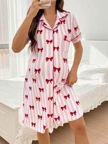 Moonlight&Mama Vertical Striped All-Over Print Bow Contrast Color Pink Trim Lapel Front Button Loose Maternity Short Sleeve Loungewear Nightgown - Pink - View 4