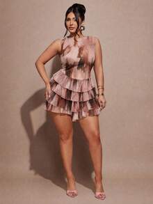 SHEIN BAE Plus Size Summer Elegant Ruffle Tie-Dye Print Romper - Multicolor - View 4