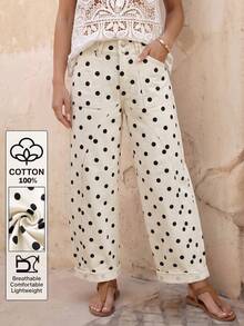 EMERY ROSE Women's Polka Dot Print Flared Leg Jeans Vacation Black White Polka Dot Summer Boho - Beige - View 9