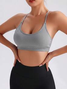 SHEIN Sports Sujetador deportivo sin costuras de color liso con espalda descubierta y cuello halter - Gris Claro - Ver 6