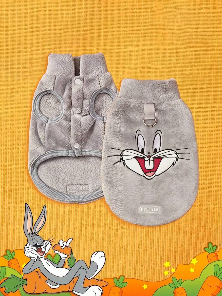 LOONEY TUNES X PETSIN 1 buah Jaket Tanpa Lengan Hangat Anti Selip Berbahan Plush Kelinci Abu-abu Bordir untuk Kucing dan Anjing, Cocok untuk Kehangatan di Dalam Ruangan atau Jalan-jalan Musim Dingin di Luar Ruangan yang Aman - Grey - View 1