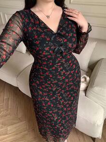 Feyla Plus Size Vintage Floral Print Bow Decor Dress - Black - View 5