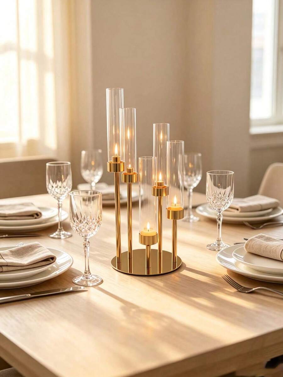 1PC Elegant Gold 5-Arm Candle Holder With Acrylic Cover Weddings Tabletop Stand, Perfect For Christmas, And Home Party Decor - gold - View 1