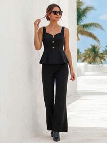 Chiquease Women's Fashion Metal Buckle Decor Camisole Top + High Waist Elastic Flare Pants, Summer - Black - View 1