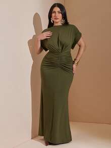 SHEIN BAE CURVE Plus Size Women's Green Pleated Fitted Elegant Long Dress - Army Green - View 6