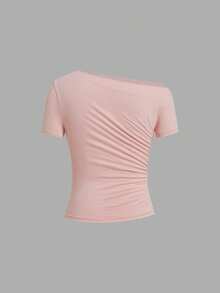 SHEIN Clasi 女款純色不對稱肩褶皺修身百搭休閒T恤 3件/套 - 彩色 - 查看 8
