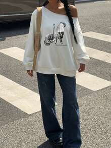 SHEIN EZwear 女款不對稱肩寬鬆長袖衛衣，休閒極簡復古龐克 Y2K 百搭，適合派對、音樂節、哥德風、夏季 - 白色 - 查看 3