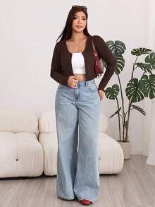 Solflare Chocolate Brown Front Button Cropped Plus Size T-Shirt - Chocolate Brown - View 6