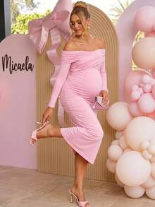 Loomaby Maternity Solid Color One-Shoulder Ruched Casual Party & Travel Dress,Gender Reveal Dress,Maternity Dress,Baby Shower Dress,Party,Wedding,Birthday - Pink - View 3