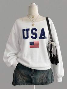 SHEIN Leap Crew Teen Girl Teen Girls Sweatshirts Autumn/Winter New Slogan Print Off-Shoulder Casual College Style Long Sleeve Pullover, Long Sleeve Top, Graduation Season, Back To School - White - View 1