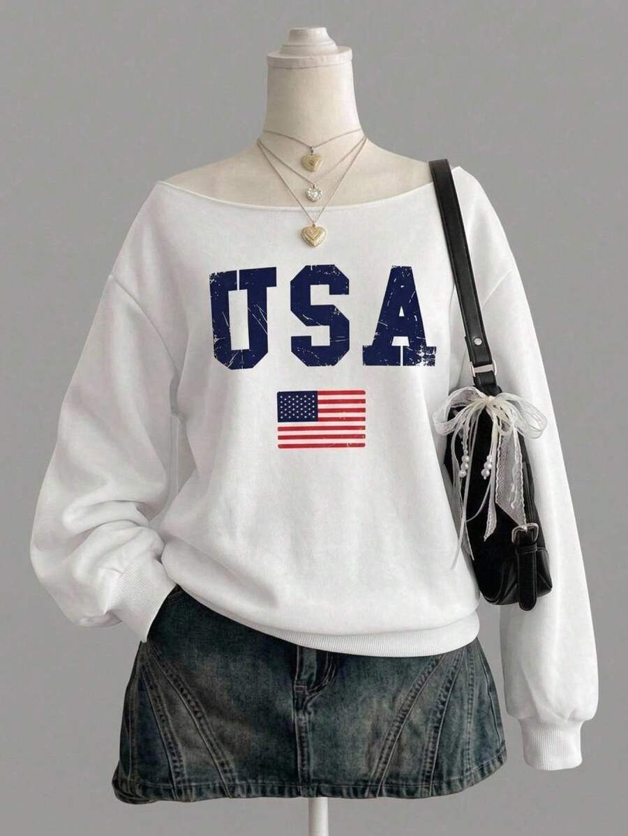 SHEIN Leap Crew Teen Girl Teen Girls Sweatshirts Autumn/Winter New Slogan Print Off-Shoulder Casual College Style Long Sleeve Pullover, Long Sleeve Top, Graduation Season, Back To School - White - View 1