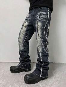 ROMWE MEN Street Life Men's Rivet Decor Layered Frayed Hem Casual Jeans - Grey - View 3