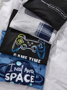 SHEIN 4 Random Sets Out Of 1 Pajama Set: Boys' Simple Gentleman Plaid Long Sleeve Solid Color Pocket Top Homewear + Iridescent Game Console + Letter Print - Multicolor - View 5