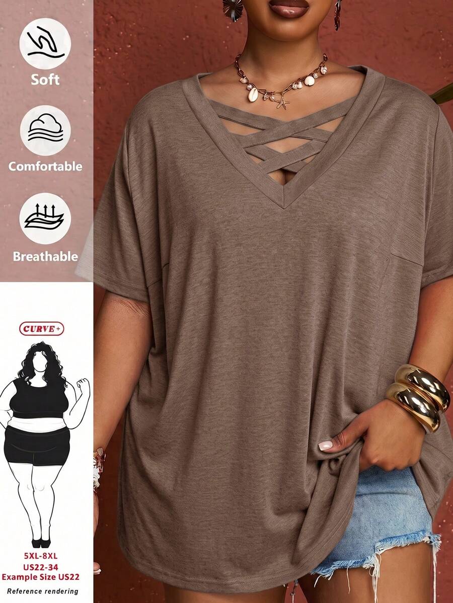 SHEIN CURVE+ 夏季大尺碼女款純色桃紅色交叉V領短袖T恤 - 棕色 - 查看 1