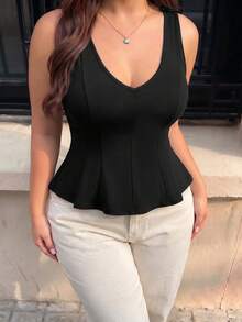 Enliva 大尺碼女款優雅極簡純色V領背心 - 黑色 - 查看 3