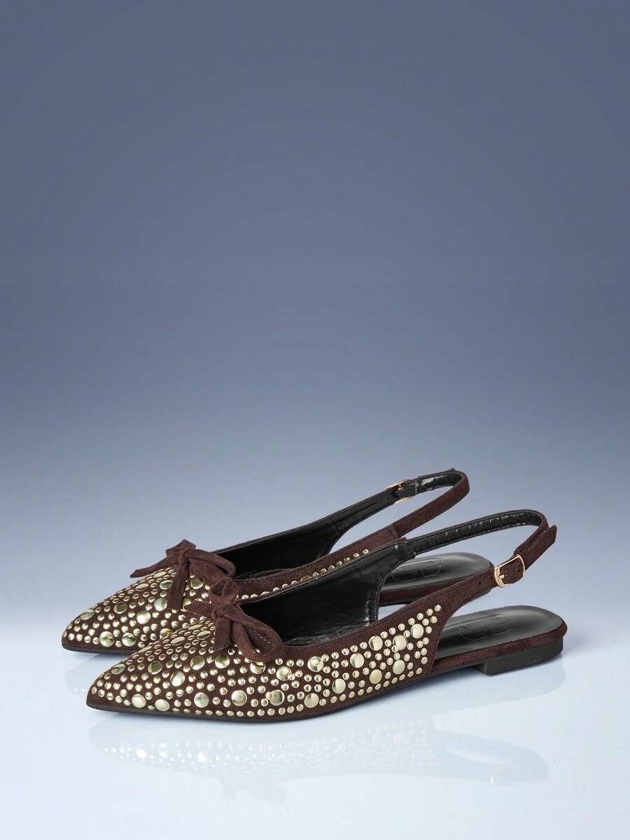 CUCCOO GRLICON French Retro Dark Brown Rivet Pointed Back Strap Flats, Niche Bow Design Sandals Fall Shoes - dark brown - View 1