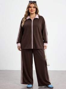 SHEIN CURVE+ Sporty Chocolate Brown Webbing Zipper Placket Sweatshirt Autumn 2026 Plus Size 22W Back To School Vacation Active Fall - Brown - View 4