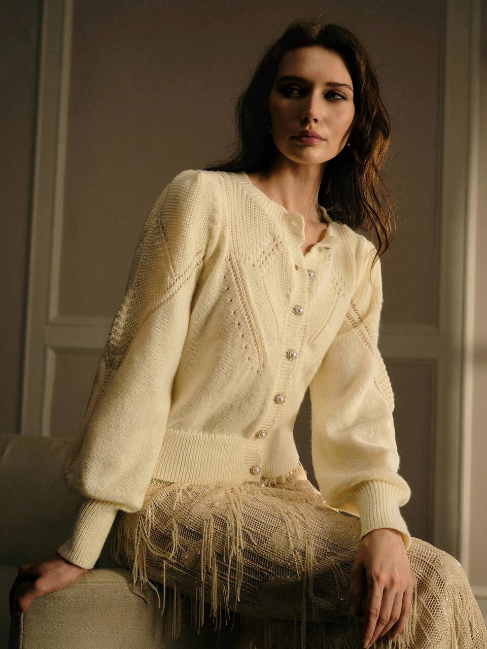 MOTF WOMEN'S SOFT TEXTURED FLORAL HOLLOW KNIT CARDIGAN , ROUND NECK, METAL BUTTON, SHORT STYLE, VERSATILE COMMUTER WEAR, AUTUMN/WINTER