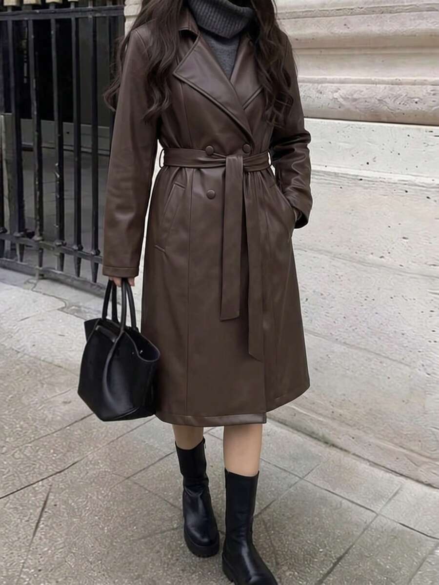 SHEIN 女款深棕色翻領雙排扣長款皮革大衣，長袖收腰外套，時尚優雅，適合辦公、日常、派對等場合