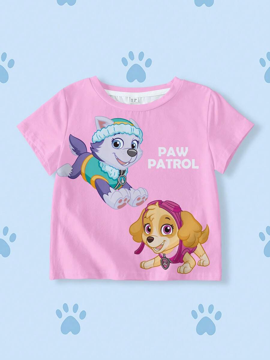 SHEIN | PAW Patrol 女童可爱狗狗印花圆领短袖T恤，夏季 - 白色 - 查看 1