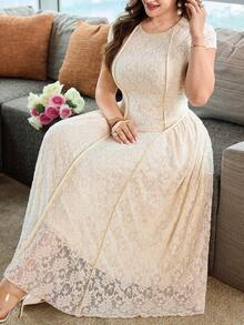 Modelyn Women's Elegant Minimalist Round Neck 3D Lace Long Dress, Plus Size, Summer - Apricot - View 4
