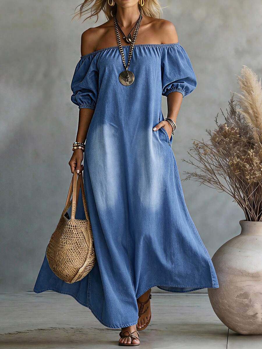 Balvessa Women's Vacation Off-Shoulder Denim Dress With Pockets - Blue - View 1