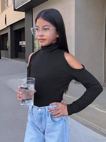 SHEIN Kids Tween Girls Tween Girl Autumn Black Knit Off-Shoulder Fitted Long Sleeve Elegant All-Match Versatile Top T-Shirt - Black - View 3
