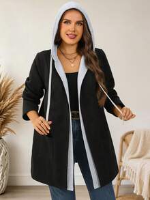 EMERY ROSE Plus Size Women's Color Block Hooded Zip Up Long Sleeve Contrast Trim Pocket Mid-Length Jacket Outerwear Autumn Coat Fashion 2026 Concert Black Baggy - Multicolor - View 8