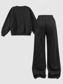 SHEIN Girlism 青少年女孩秋冬休閒抓絨內裡加厚運動衫套裝，紐約市印花寬鬆圓領落肩長袖套頭衫搭配同款印花百褶寬腿直筒運動長褲，2件式運動風套裝，灰色 - 深灰色 - 查看 2