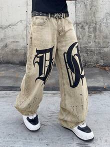 Manfinity EMRG Men's Casual Washed Letter Print Denim Jeans - Olive Green - View 3