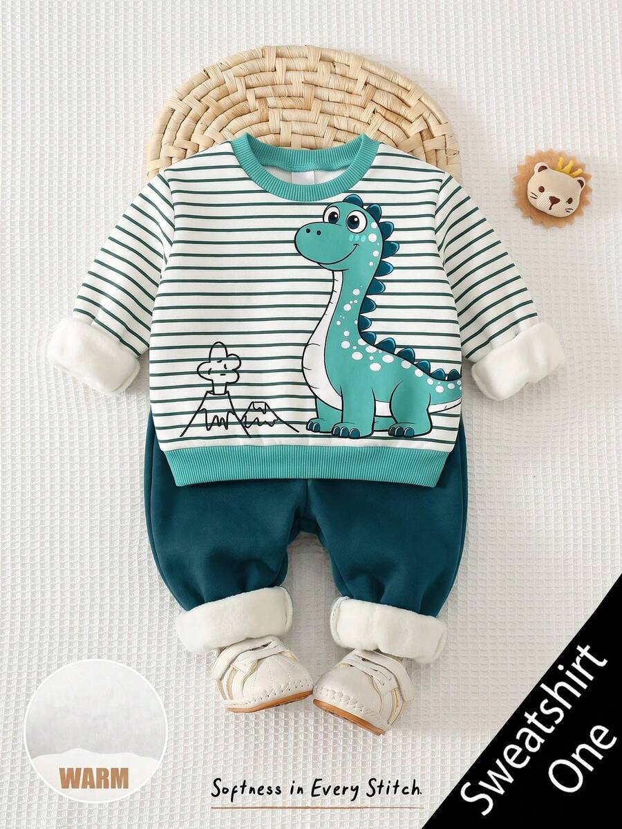 Infant Round Neck Casual Pullover Sweatshirt, Classic Vintage Striped Pattern Print, Classic Cute Cartoon Dinosaur Pattern Print, Suitable For Autumn/Winter - Multicolor - View 1