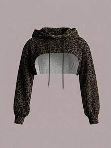 Comfortcana Vintage Leopard Print Plus Size Cropped Sweatshirt, Autumn/Winter Fall - Multicolor - View 1
