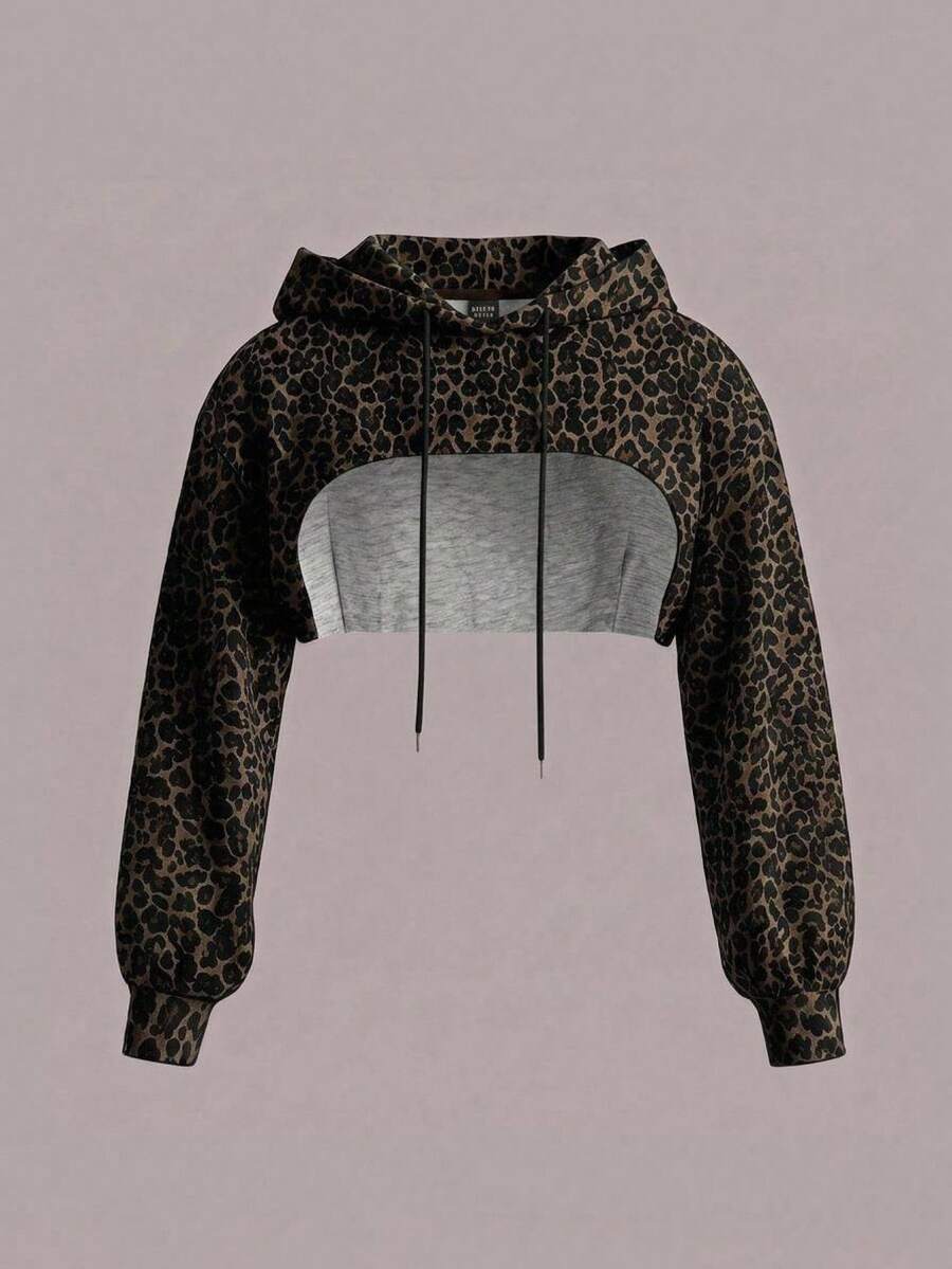 Comfortcana Vintage Leopard Print Plus Size Cropped Sweatshirt, Autumn/Winter Fall - Multicolor - View 1