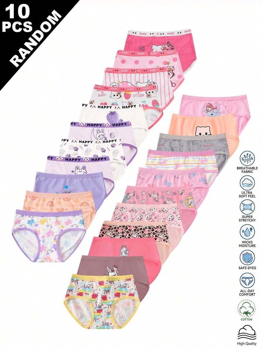 SHEIN Random 10pcs Girls Toddler Simple Fashion All-Over Print Cartoon Animal Heart Pony Strawberry Pattern Triangle Panties Girls Underwear - Multicolor - View 1