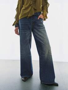 URBAN LOW-WAIST FOLDED WAIST WIDE LEG LONG DENIM JEANS - Blue - View 8