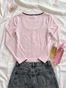 SHEIN Tween Girl Simple Contrast Color Square Neck Long Sleeve T-Shirt For Weekend Outings - Pink - View 2