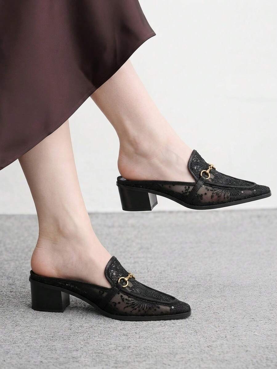 CUCCOO BIZCHIC 尖頭壓紋穆勒鞋,復古西部風粗跟穆勒鞋 - 靜夜黑色 - 查看 1