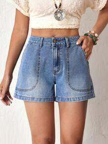 EMERY ROSE Plus Size Women's Casual Baggy Business Denim Shorts Pockets Dates Vacation Navy Blue Summer Formal - Blue - View 2