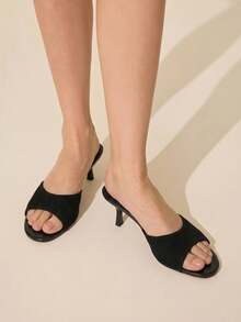CUCCOO BASICS Women's Black Knitted Stiletto Heeled Mules Open Toe Sandals - Black Stripe - View 2