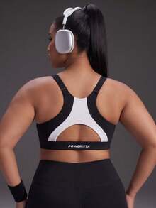 Powerista Bra Olahraga Fitness Sehari-hari Warna Polos Ukuran Plus Wanita - Hitam dan Putih - View 7