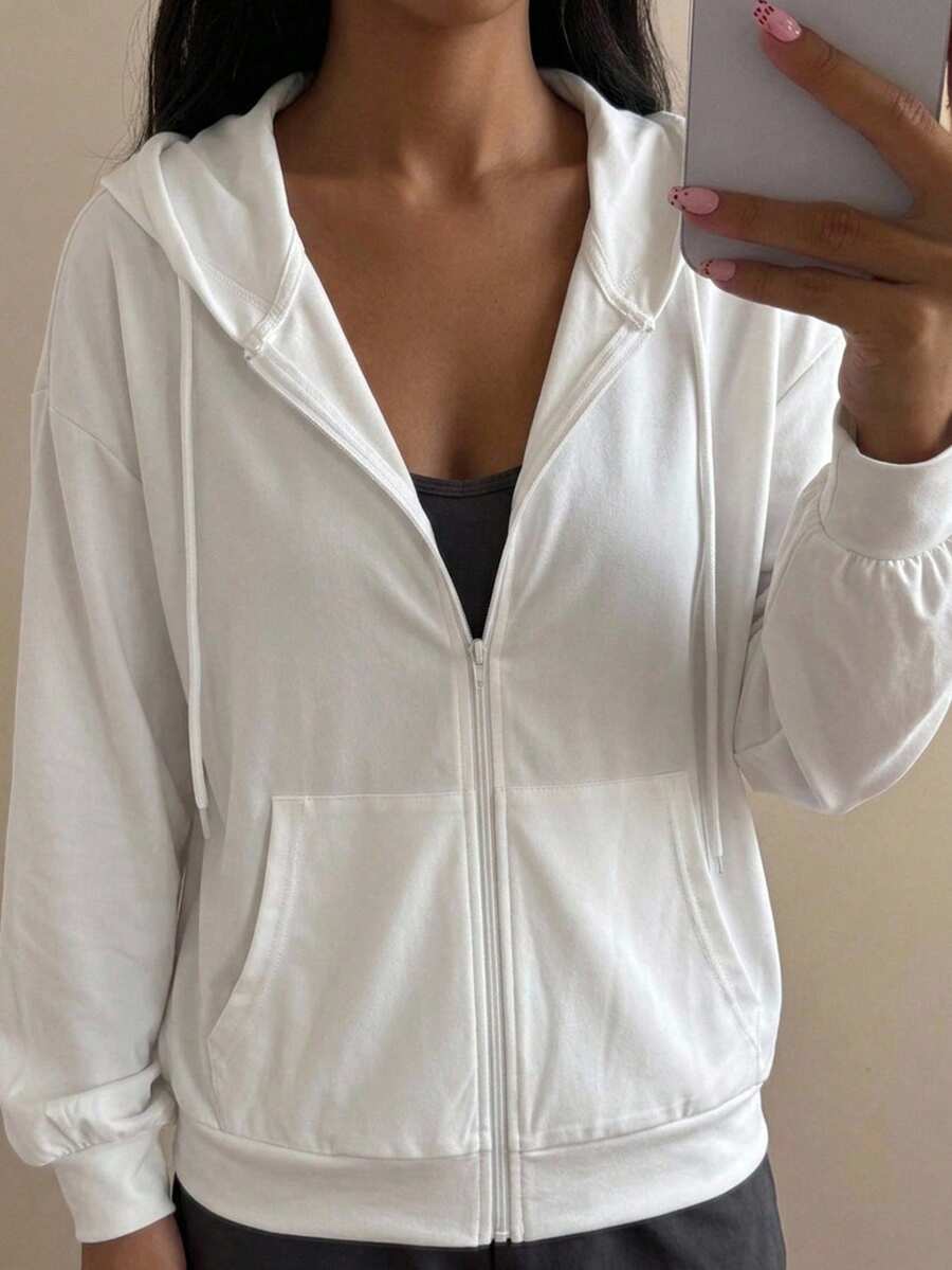 DAZY Women's Solid Color Elastic Small Stand Collar Fitted Long Sleeve Jacket, Sports Casual, Spring/Autumn - White - View 1