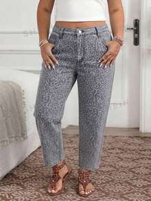 Breezaya Plus Size Women Leopard Print Pocket Button Casual Versatile Daily Wear Denim Jeans - Multicolor - View 1